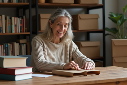 Femme emballant des livres dans un bureau chaleureux