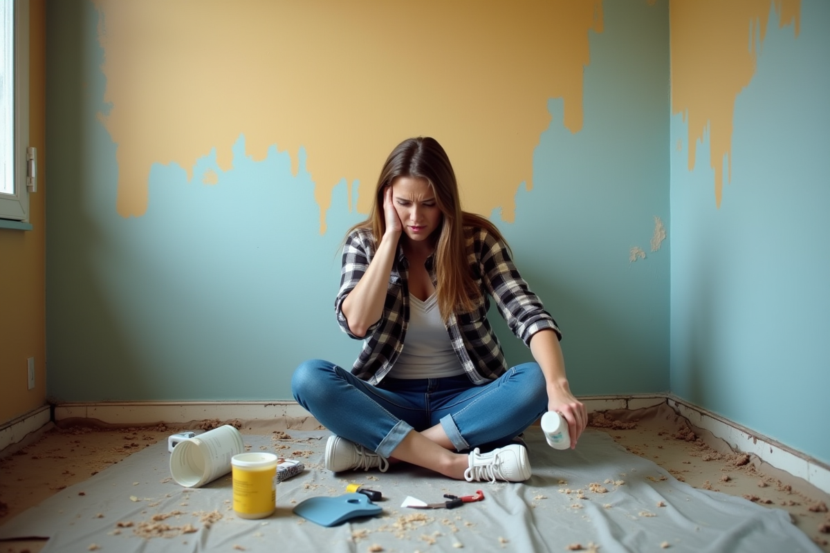 Jeune femme en jeans retire de la peinture avec des outils
