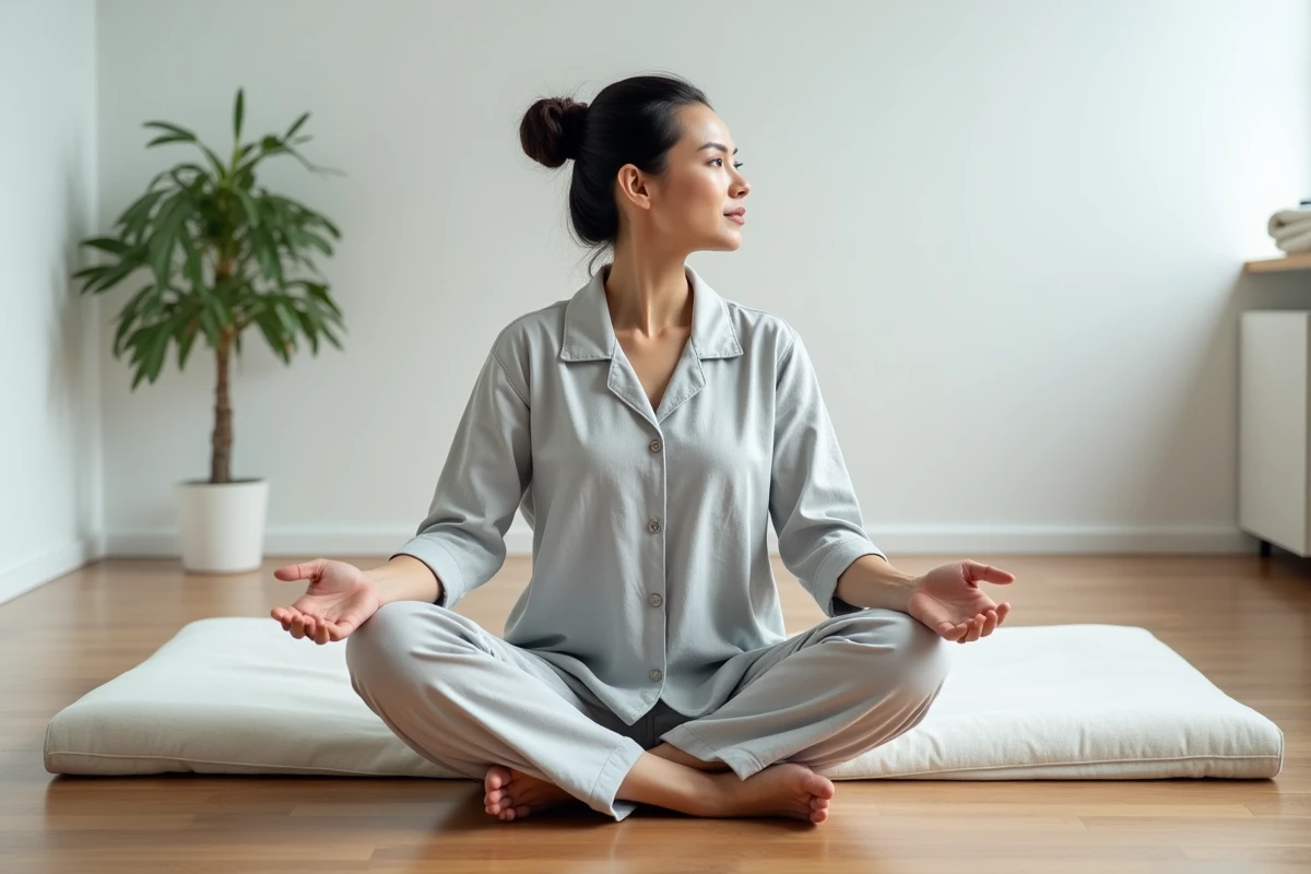 Femme faisant des étirements matinaux sur un futon japonais pour soulager les douleurs dorsales