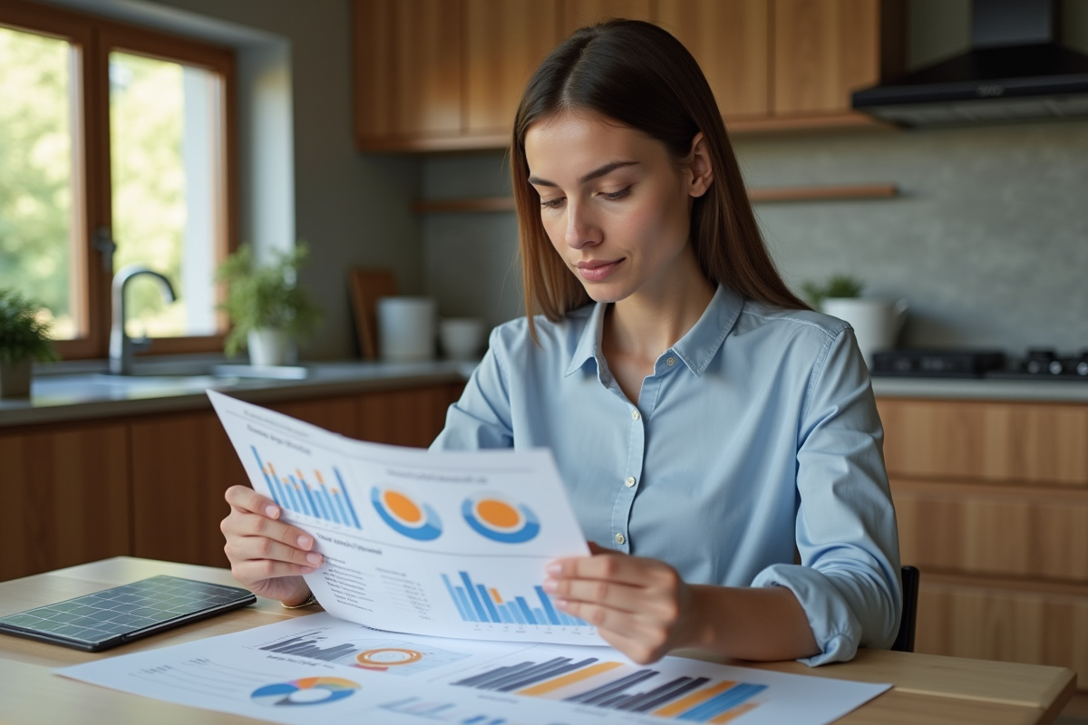 Jeune femme analysant graphiques d énergie dans la cuisine