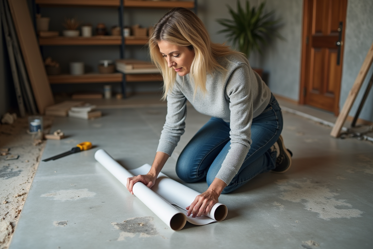 Femme en jeans examine un vinyle souple au sol