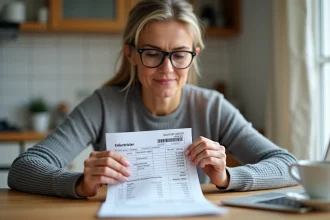 Femme consultant sa facture EDF à la cuisine avec un calculateur de consommation en euros ouvert sur un ordinateur portable