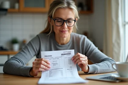 Femme consultant sa facture EDF à la cuisine avec un calculateur de consommation en euros ouvert sur un ordinateur portable