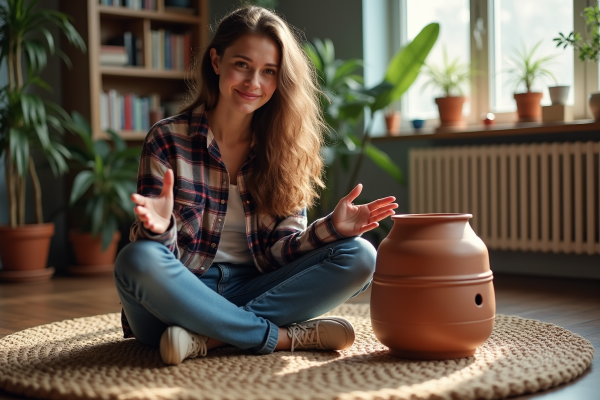 Jeune femme fière montrant son chauffage en pot en terre cuite