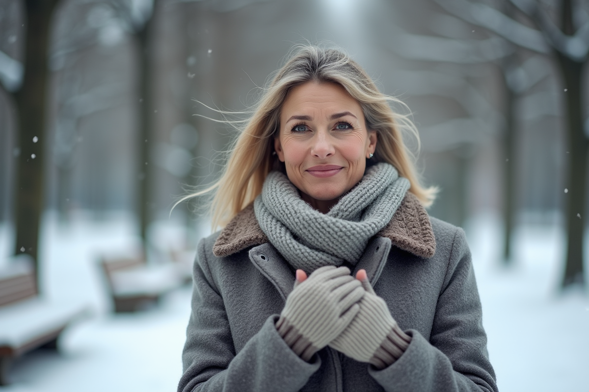 Femme d'âge moyen dans un parc enneigé en hiver