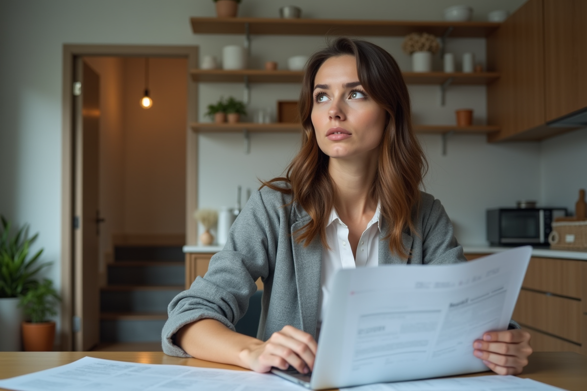 Jeune femme regarde ses documents fiscaux à la maison