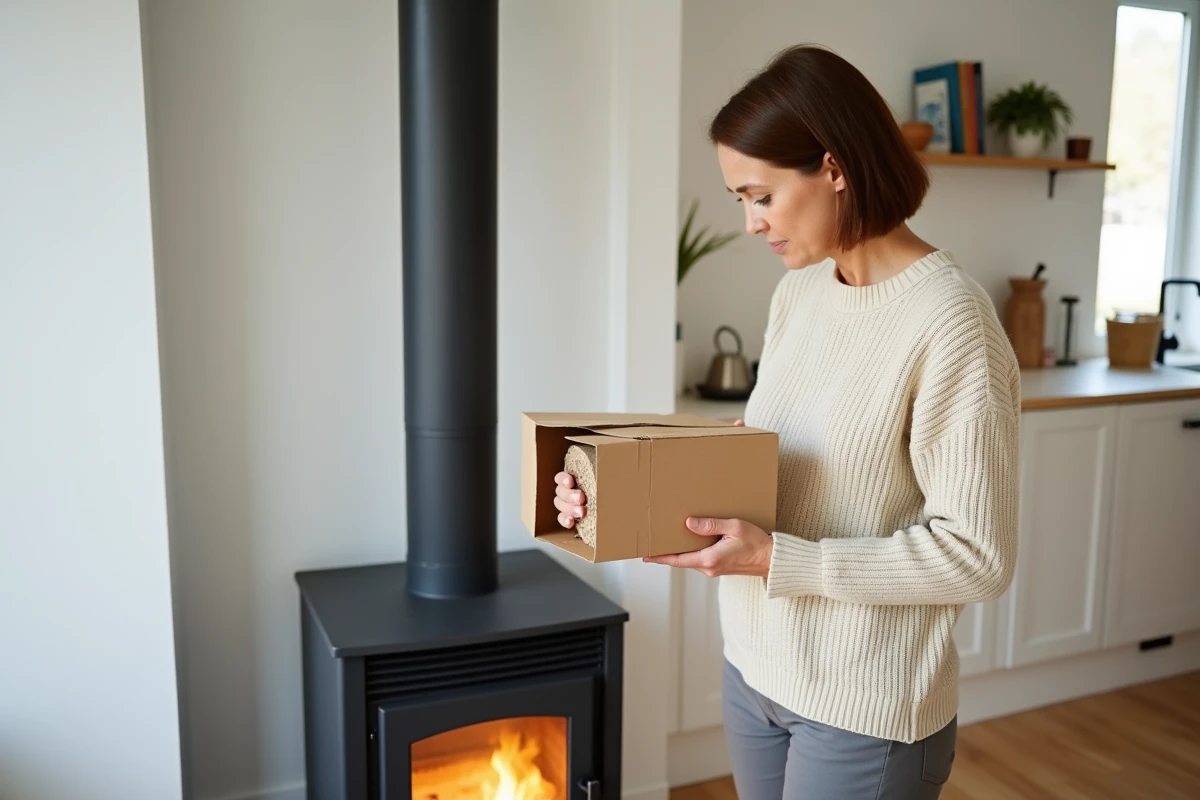 Femme lisant les instructions d'une bûche de ramonage devant un poêle à bois fermé