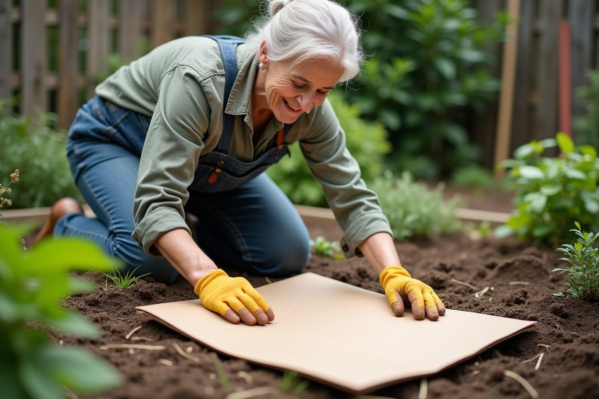 Femme en jardinage posant du carton sur le sol