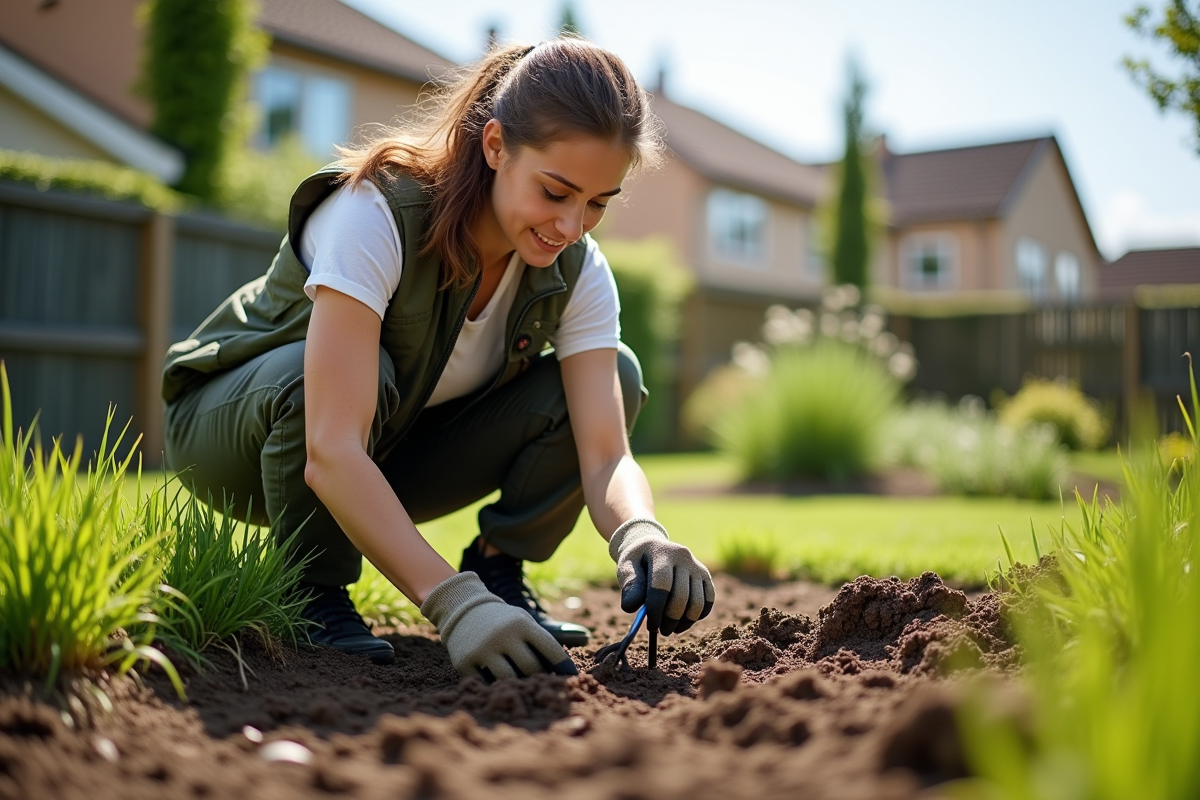 Femme en vêtements de jardinage manipulant la terre