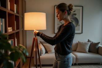 Femme ajustant une lampe moderne dans un salon chaleureux