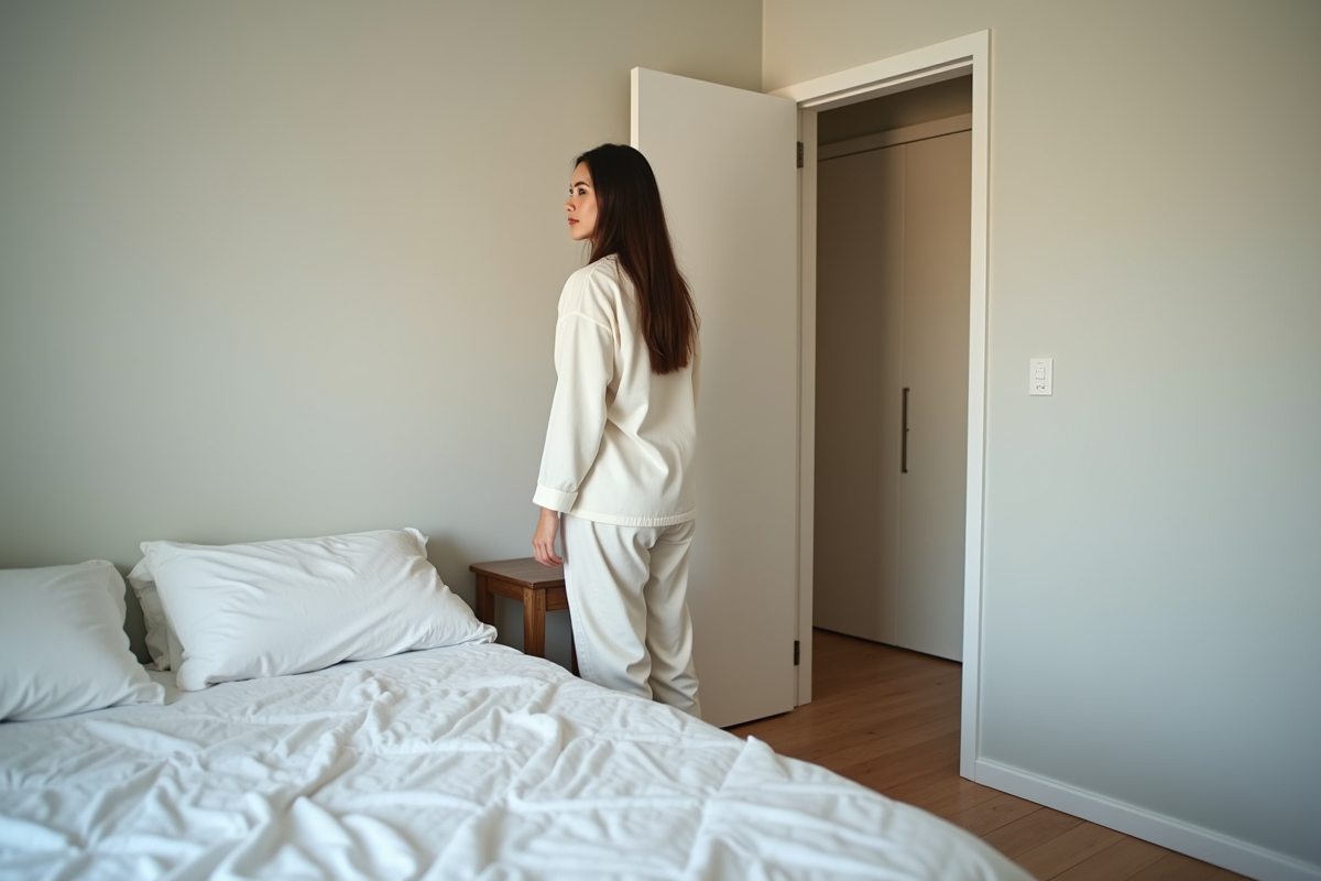 Jeune femme en loungewear près du lit moderne