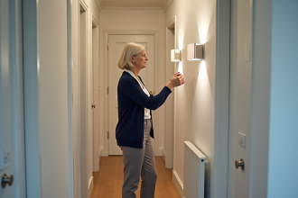 Femme ajustant un luminaire dans un couloir intérieur