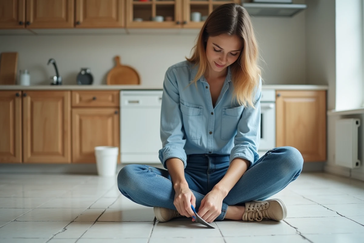 Femme examinant un joint de carrelage dans la cuisine