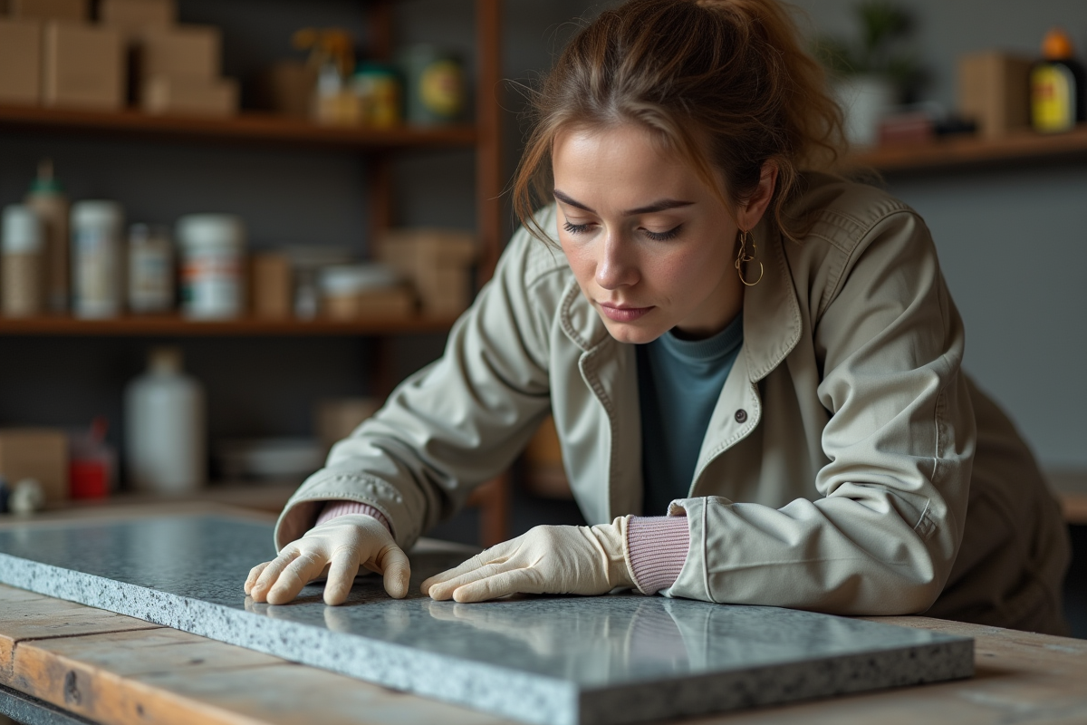 Femme nettoyant une plaque en granit dans un atelier organisé