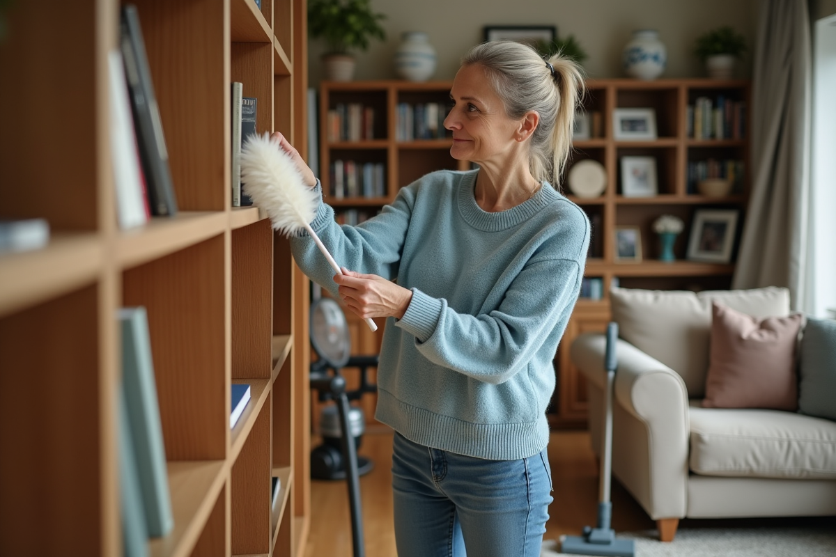 Femme d'âge moyen nettoyant une bibliothèque dans un salon chaleureux