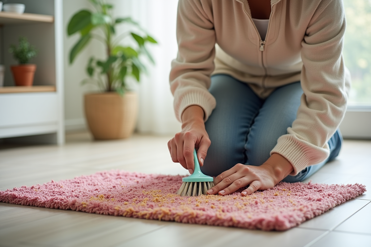 Femme en train de nettoyer un tapis antidérapant dans la cuisine