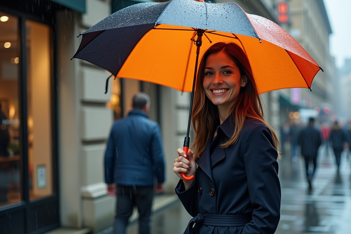 Femme souriante avec parapluie coloré sous la pluie en ville
