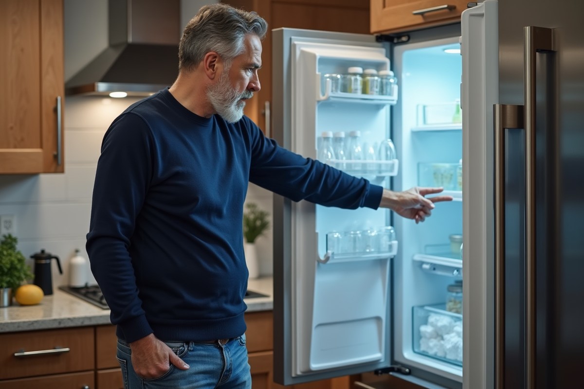 Homme regardant un congélateur sans givre avec glace visible