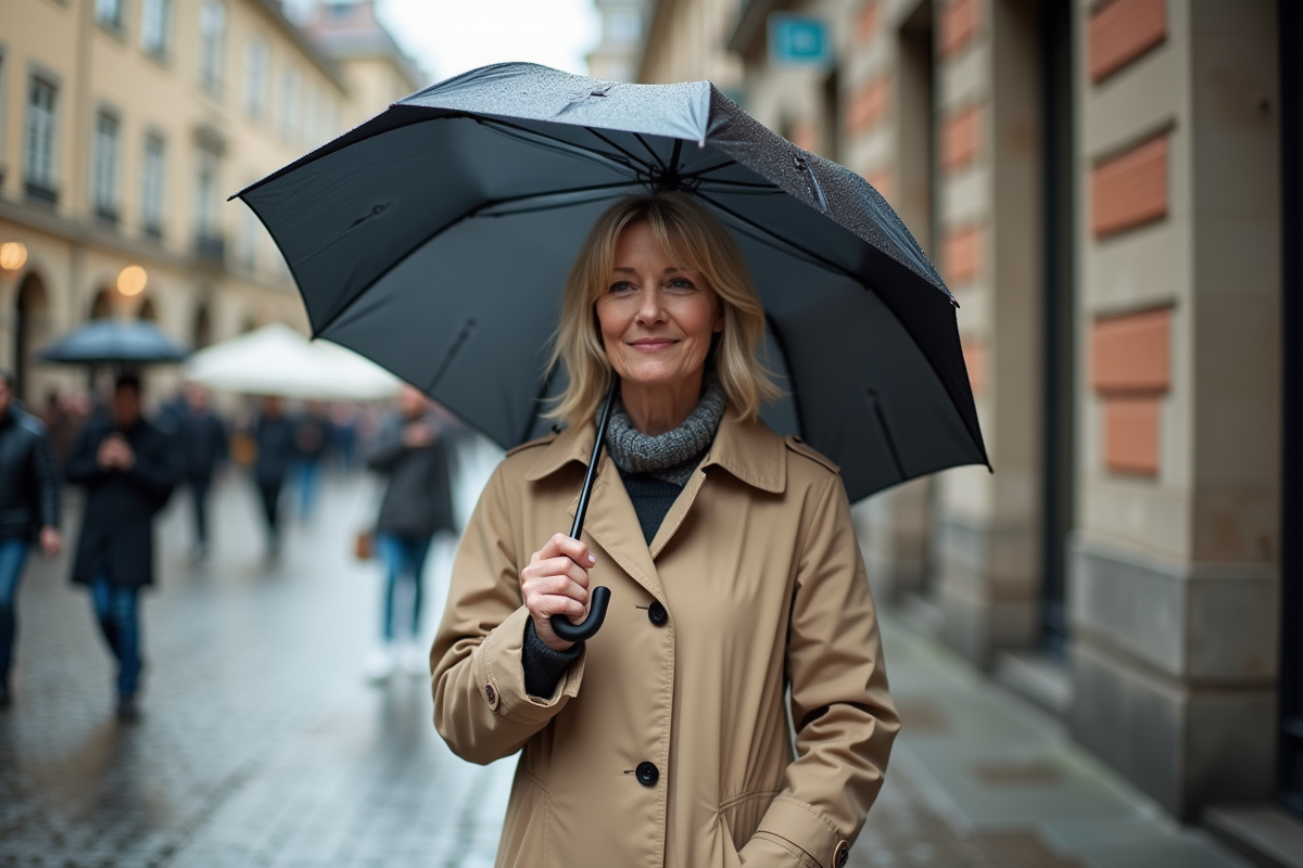 Femme en imper beige tenant un parapluie dans une rue urbaine