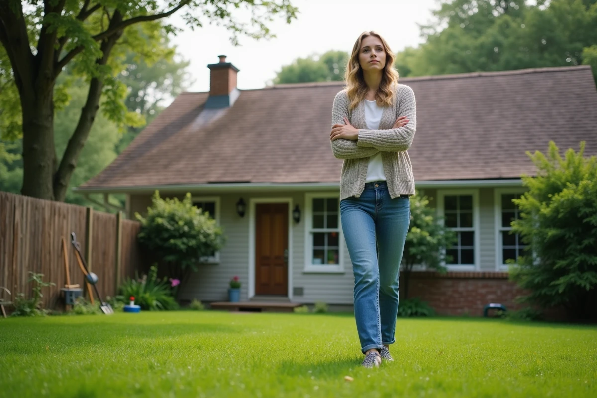 Jeune femme vérifiant son toit en shingles dans son jardin