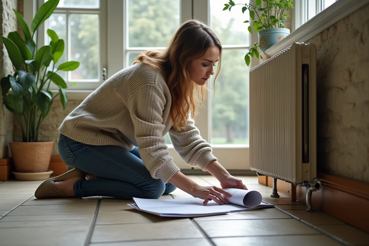 Jeune femme examinant un pied de radiateur dans une véranda lumineuse