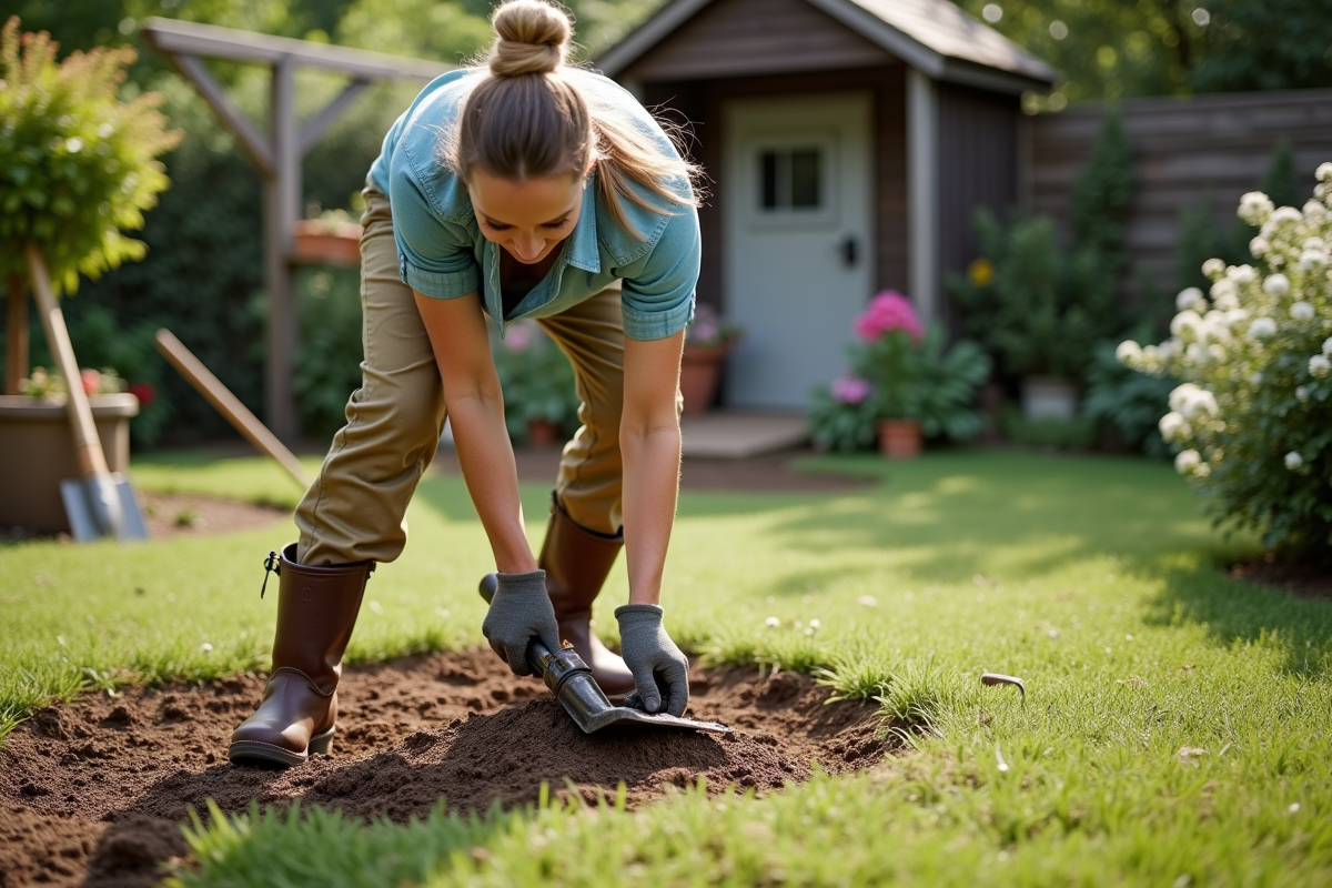 Femme utilisant un coupe-gazon pour enlever l