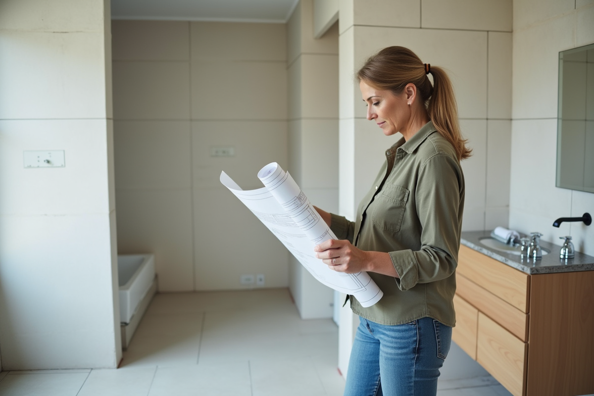 Femme inspectant des carreaux dans une salle de bain en rénovation