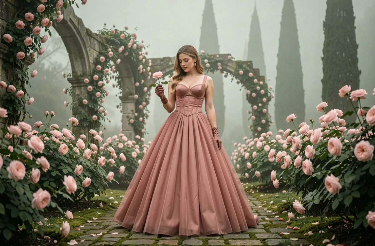 Jeune femme en robe de bal rose dans un jardin enchanté avec des rosiers en fleurs et une atmosphère de conte de fées