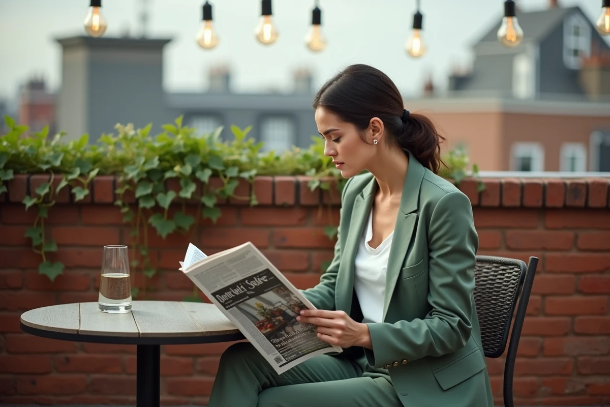 Femme attablée dans un rooftop bar aménagé avec terrasse végétalisée en ville