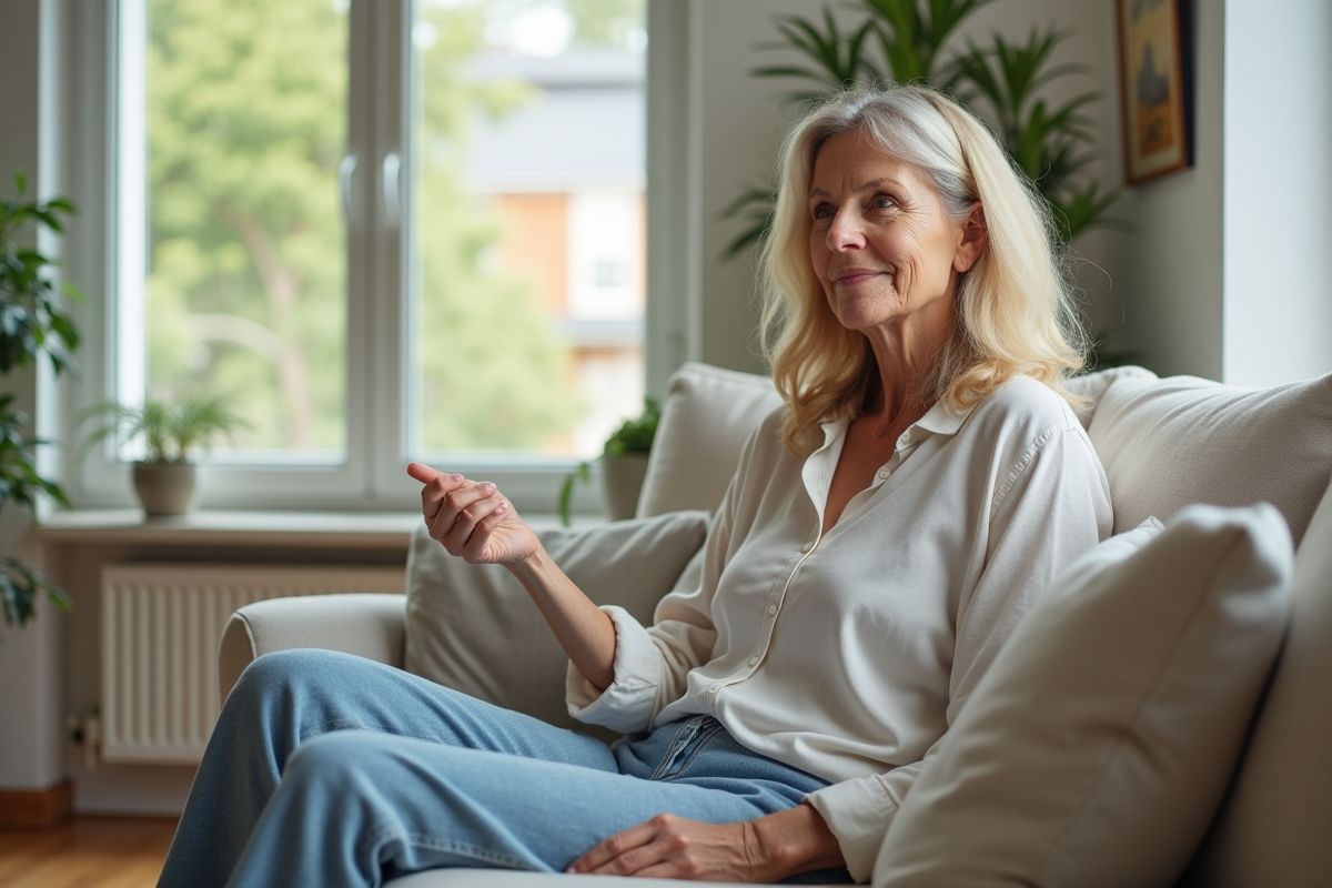 Femme assise sur un canapé scandinave lumineux