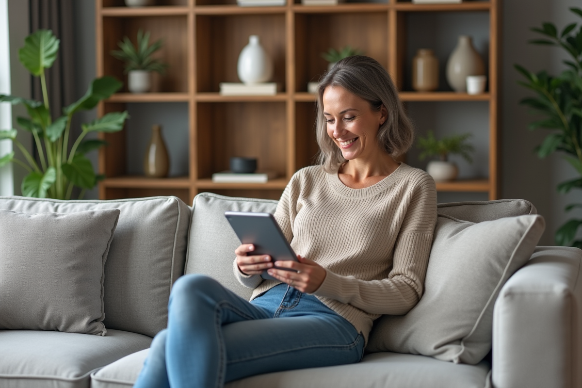 Femme souriante utilisant une tablette dans un salon moderne avec canapé