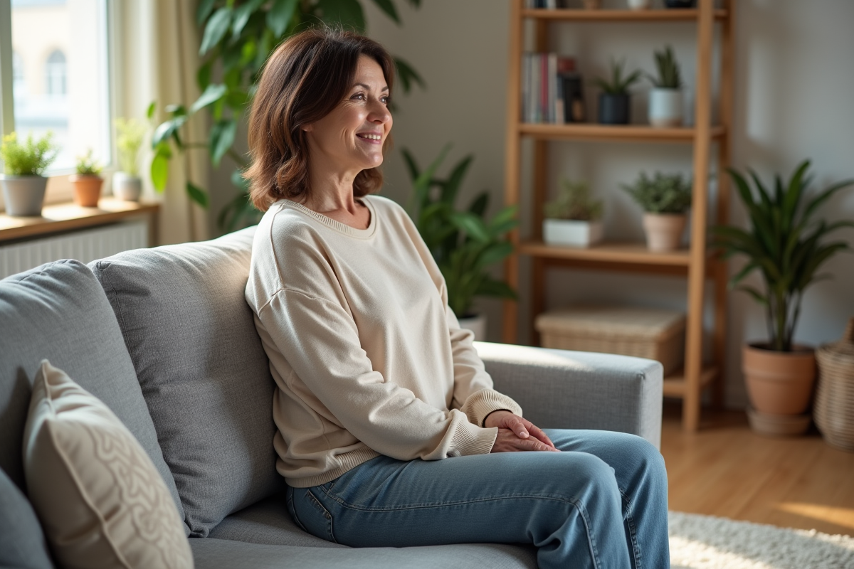 Femme assise en posture ergonomique dans un salon lumineux