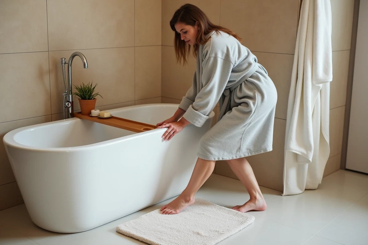 Femme d'une quarantaine d'années sortant d'une baignoire en posant le pied sur un tapis antidérapant dans une salle de bain beige