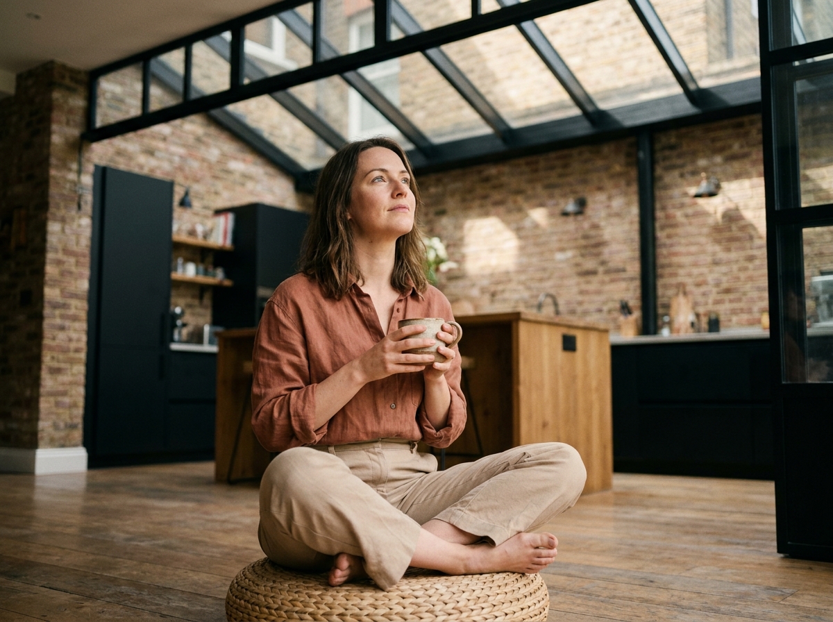 Femme se détendant sous une verrière industrielle dans une cuisine rénovée avec briques apparentes et mobilier noir