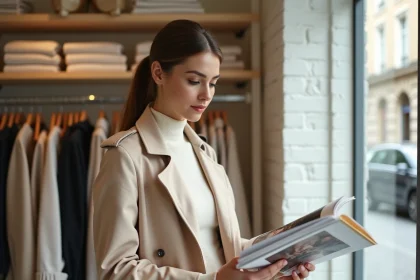 Femme élégante feuilletant un lookbook de mode dans une boutique parisienne minimaliste, portant un trench pastel et un col roulé crème