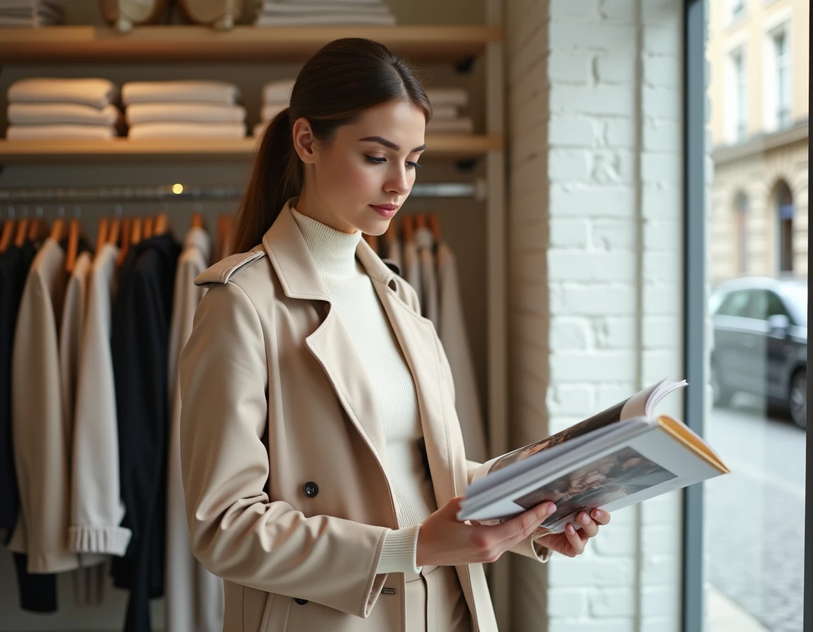 Femme élégante feuilletant un lookbook de mode dans une boutique parisienne minimaliste, portant un trench pastel et un col roulé crème