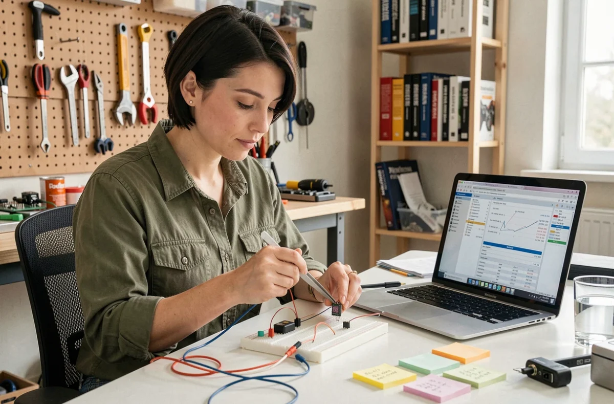 Femme testant un condensateur CMS avec un testeur ESR maison sur breadboard dans un atelier de réparation électronique