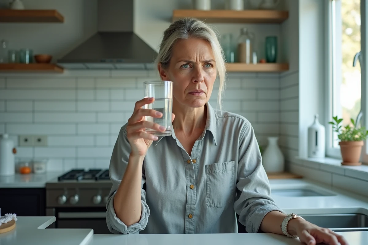 Femme examinant un verre d'eau du robinet avec expression dubitative dans une cuisine moderne aux traces de calcaire visibles