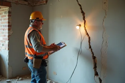 Artisan examinant une fissure diagonale sur un mur non porteur en cours de démolition dans une maison en rénovation