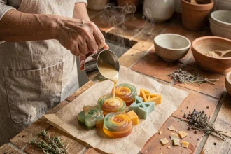 Femme versant du savon fondu dans des moules en silicone originaux sur un plan de travail en bois pour créer des savons zéro déchet
