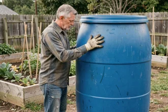 Homme inspectant un fût de 200 litres en plastique bleu dans un jardin potager pour évaluer son usage alimentaire