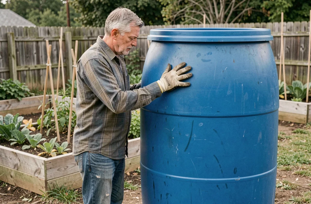 Homme inspectant un fût de 200 litres en plastique bleu dans un jardin potager pour évaluer son usage alimentaire