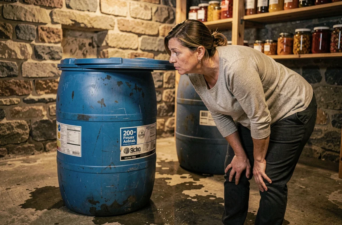 Femme examinant l'intérieur d'un fût de 200 litres récupéré gratuitement dans une cave en pierre pour stockage alimentaire