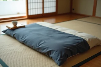 Futon japonais traditionnel posé sur un tatami dans une chambre minimaliste pour soulager le mal de dos