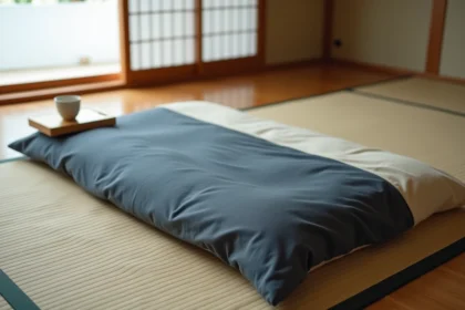 Futon japonais traditionnel posé sur un tatami dans une chambre minimaliste pour soulager le mal de dos
