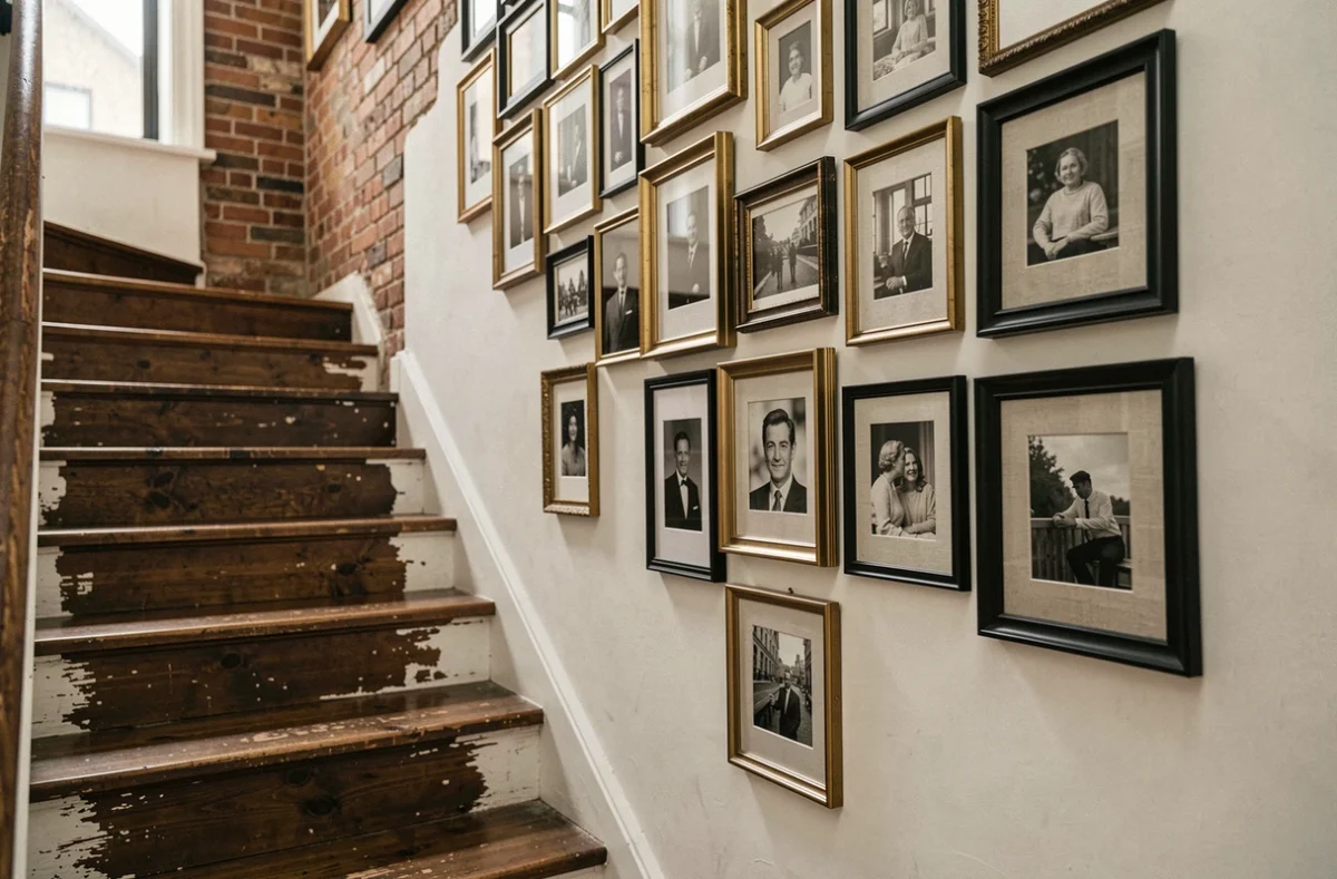 Galerie de cadres photos et tableaux disposés en escalier sur un mur de cage d'escalier en brique et blanc