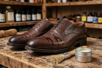Chaussures Oxford en cuir lisse brun avec graisse et brosse sur établi en bois pour entretien du cuir