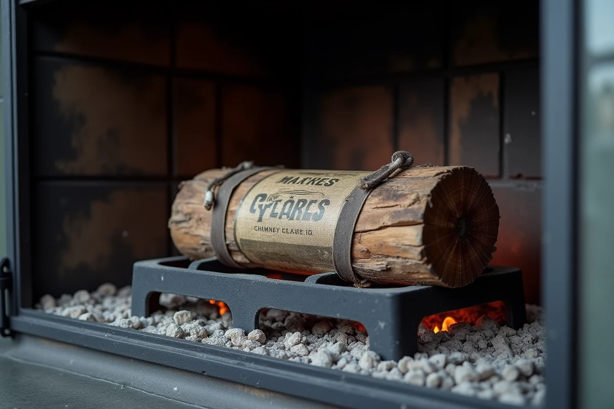 Gros plan d'une bûche de ramonage posée sur la grille d'un foyer fermé avec cendres