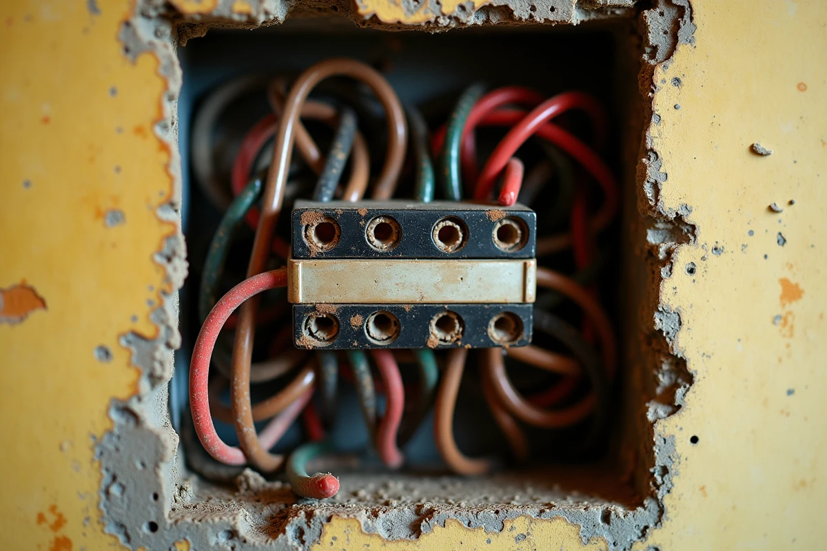 Gros plan sur un boîtier électrique ouvert révélant un câblage en araignée avec isolation vieillissante