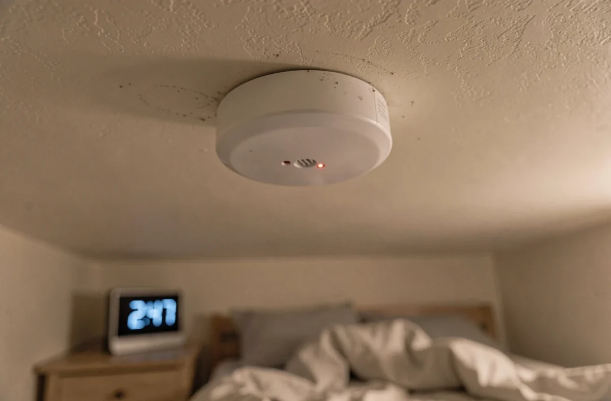 Gros plan sur un détecteur de fumée au plafond d'une chambre avec réveil affichant l'heure la nuit